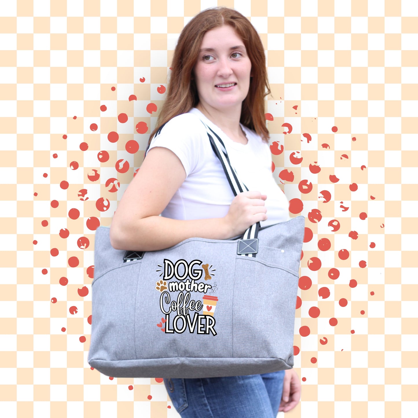 Dog Mother Coffee Lover Gray Tessa Tote Bag Gift with Pockets and Zippers