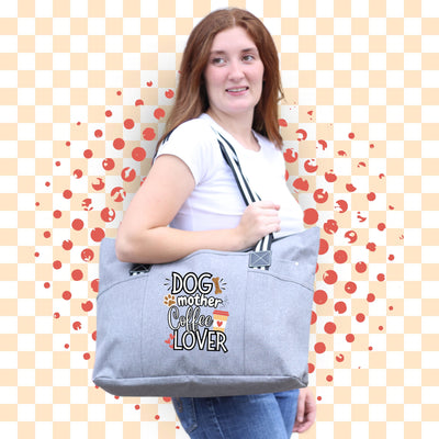 Dog Mother Coffee Lover Gray Tessa Tote Bag Gift with Pockets and Zippers