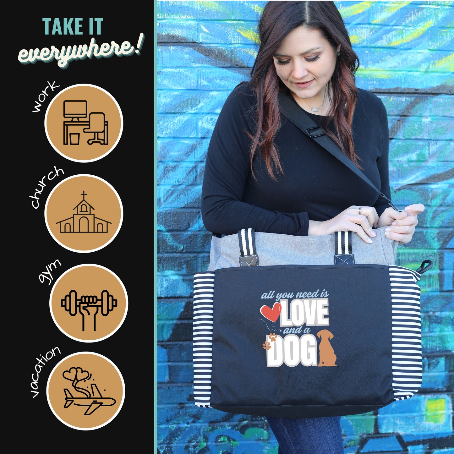 All You Need is Love and a Dog Gray LouLou Tote Bag with 15 Pockets