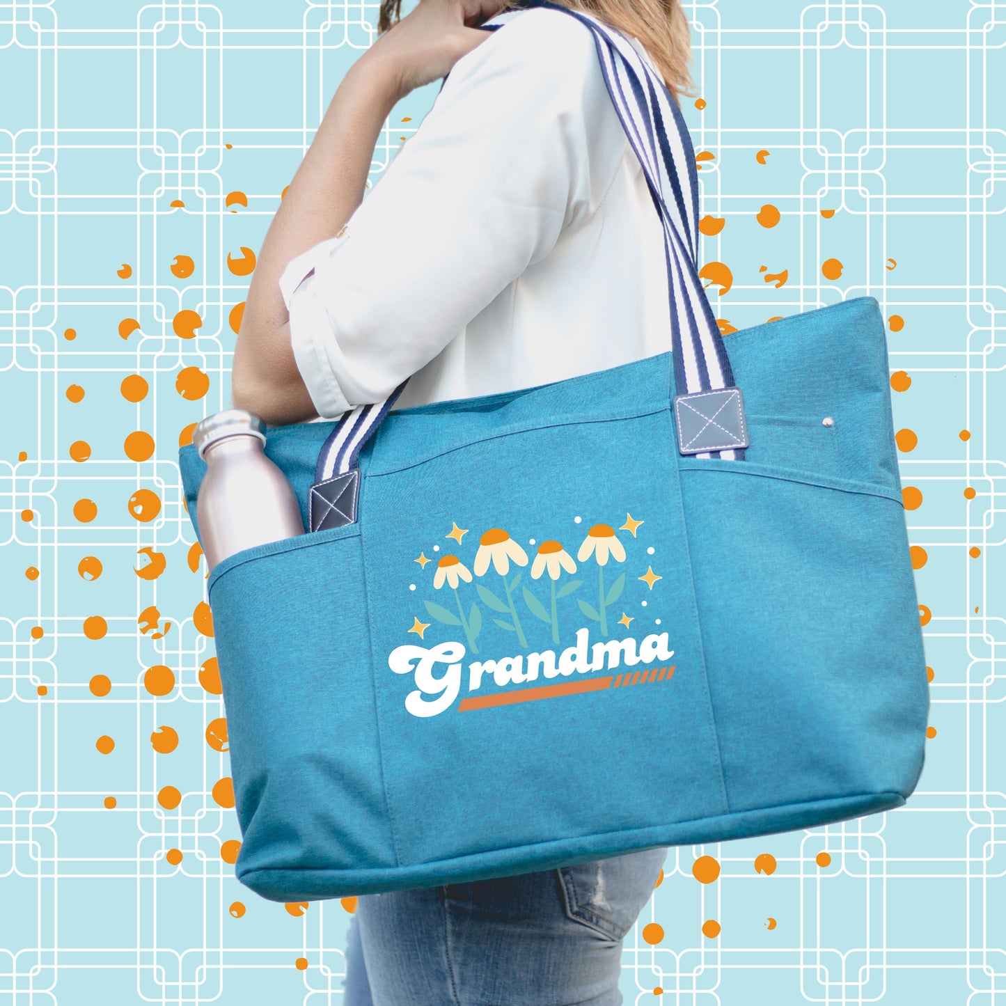 Retro Flowers Grandma Teal Tessa Tote Bag with Pockets and Zippers