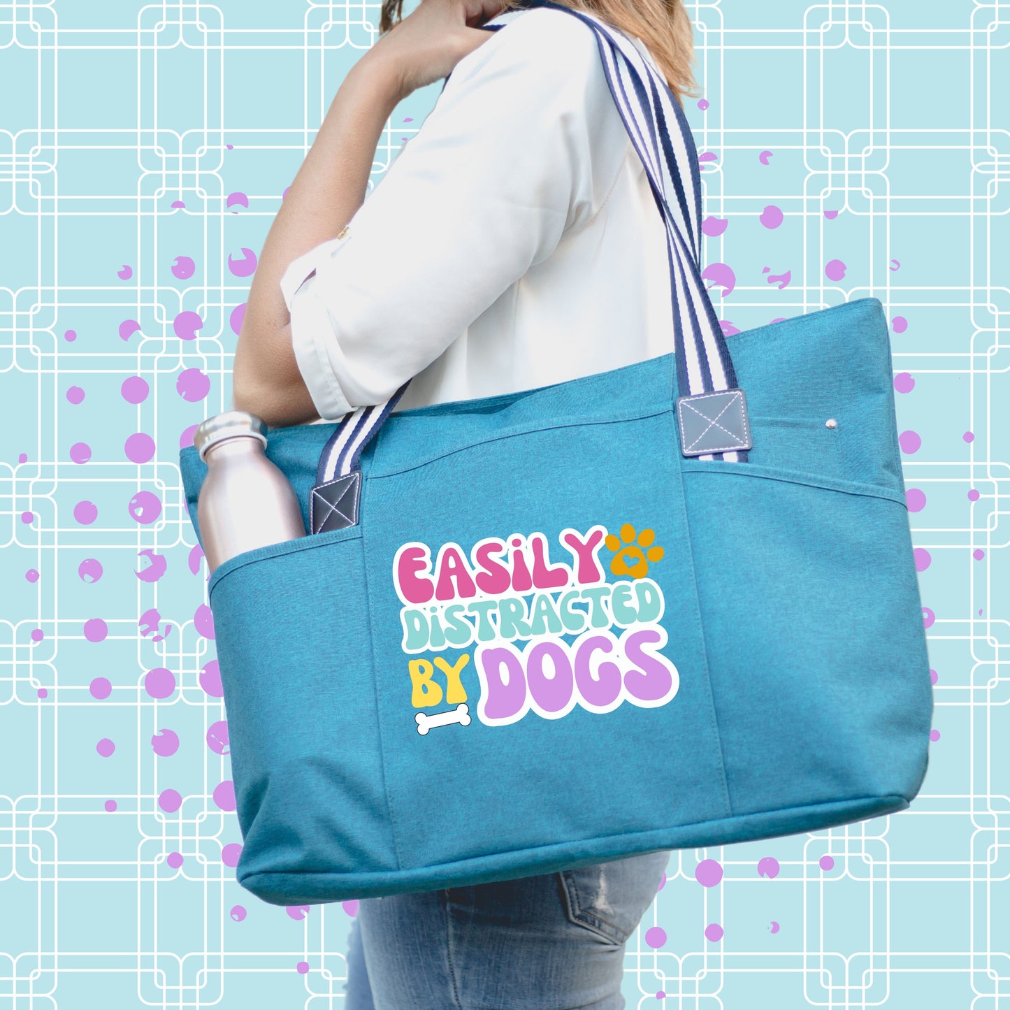 Easily Distracted by Dogs Teal Tessa Tote Bag Gift with Pockets and Zippers