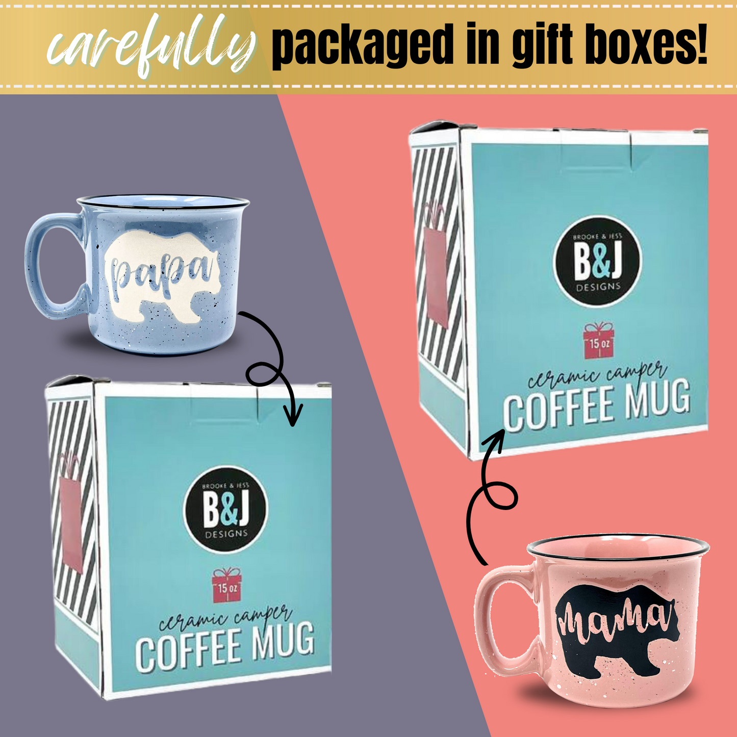 Mama Bear & Papa Bear Coffee Mug - Cute Coffee Cups for Men and Women - Unique Fun Gifts for Him, Her, Mother's Day, Father's Day, Christmas (Mama Bear Coral & Papa Bear Light Blue Gift Set)
