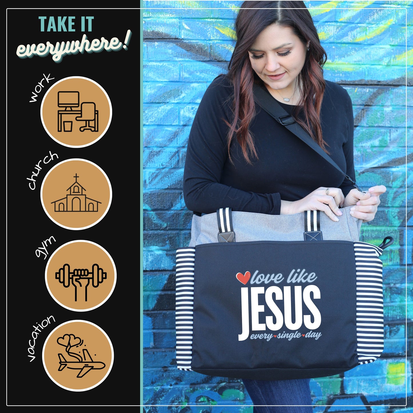 Love Like Jesus Gray LouLou Tote Bag with 15 Pockets