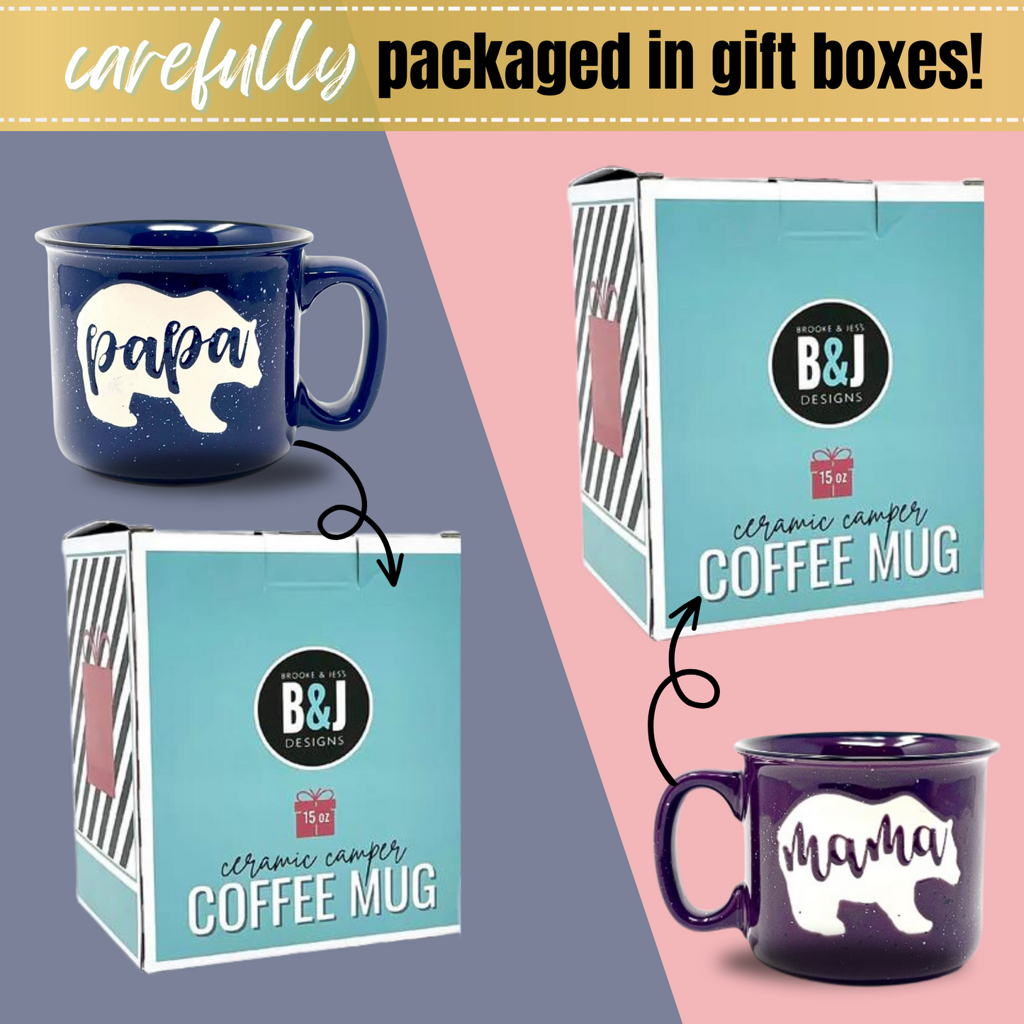 Mama Bear & Papa Bear Coffee Mug - Cute Coffee Cups for Men and Women - Unique Fun Gifts for Him, Her, Mother's Day, Father's Day, Christmas (Mama Bear Coral & Papa Bear Light Blue Gift Set)