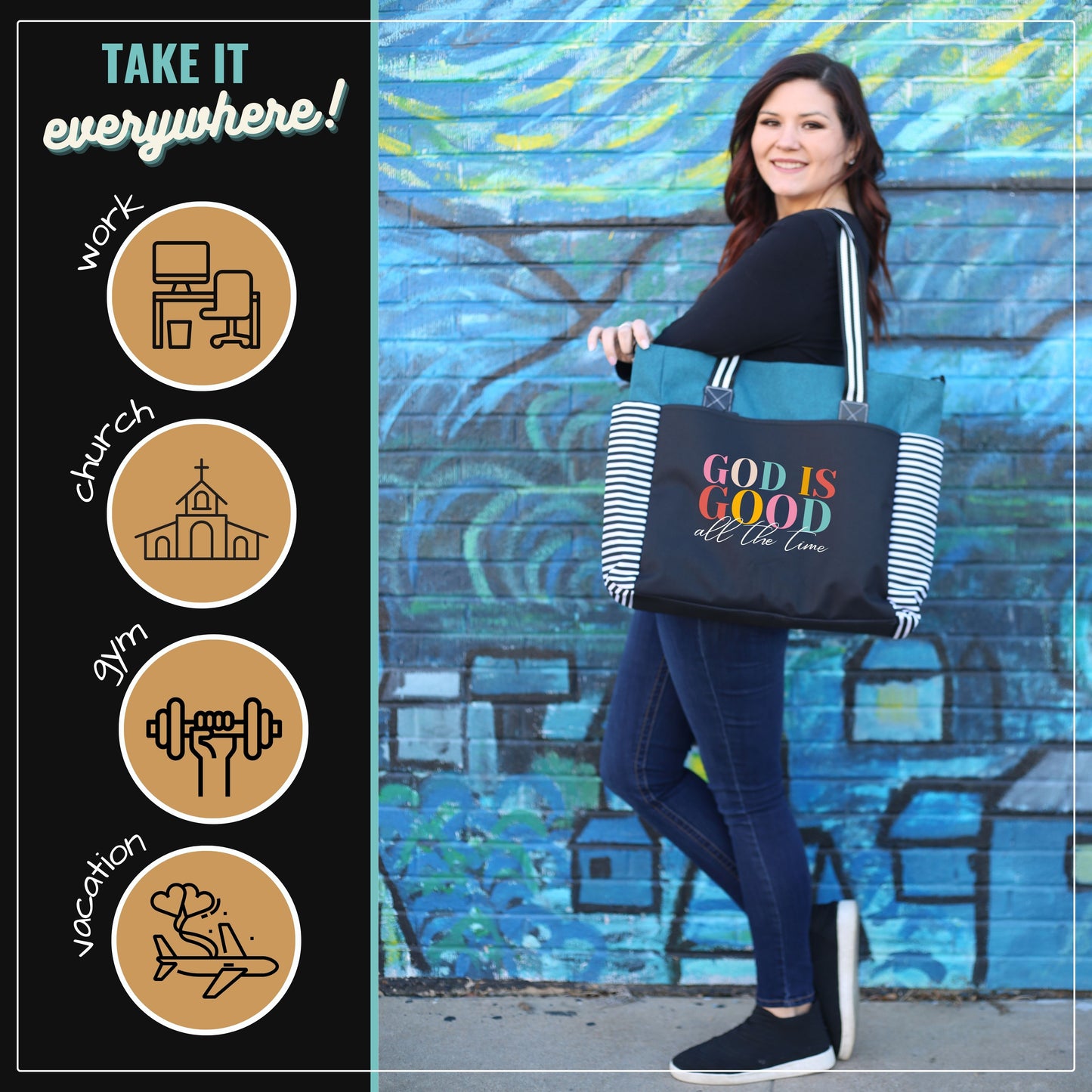 God is Good All the Time Teal LouLou Tote Bag with 15 Pockets
