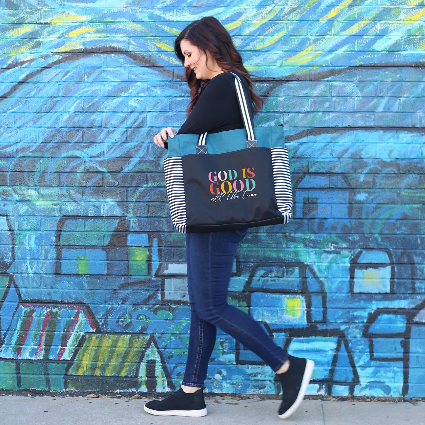 God is Good All the Time Teal LouLou Tote Bag with 15 Pockets