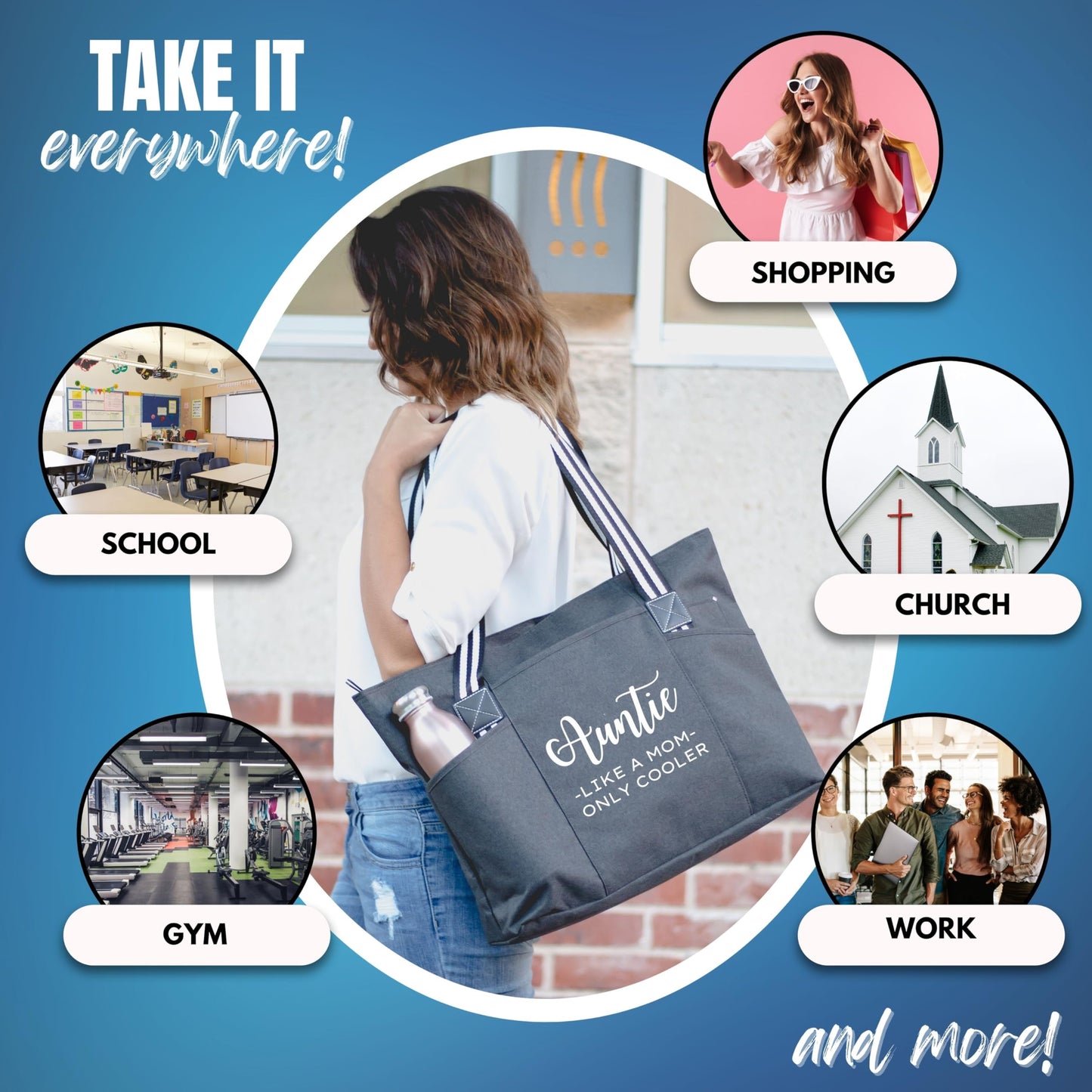 Brooke & Jess Designs Aunt Gifts - Canvas Tote Bag with Pockets from Niece, Nephew-Birthday, Christmas (Auntie Like a Mom Only Cooler Tessa Black)