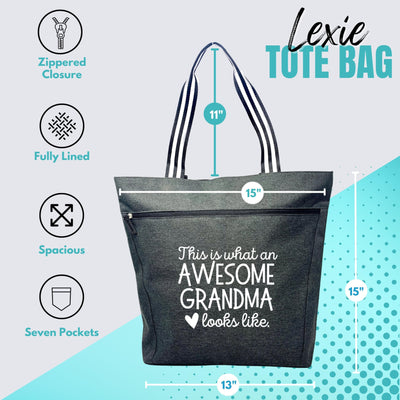 Large Zippered Tote Bag with Pockets for Grandmas, Grandmother, Nana - Grandma's Getaway Bag - Perfect for Work, Gifts for Granny, Mother's Day, Christmas, Birthday (Awesome Grandma Lexie Black)