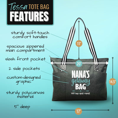 Brooke & Jess Designs Grandma Gifts, Nana Gifts Tote Bag - Perfect for Work, Gift for Granny, Mother's Day from Grandkids (Nana's Getaway Tessa Black)