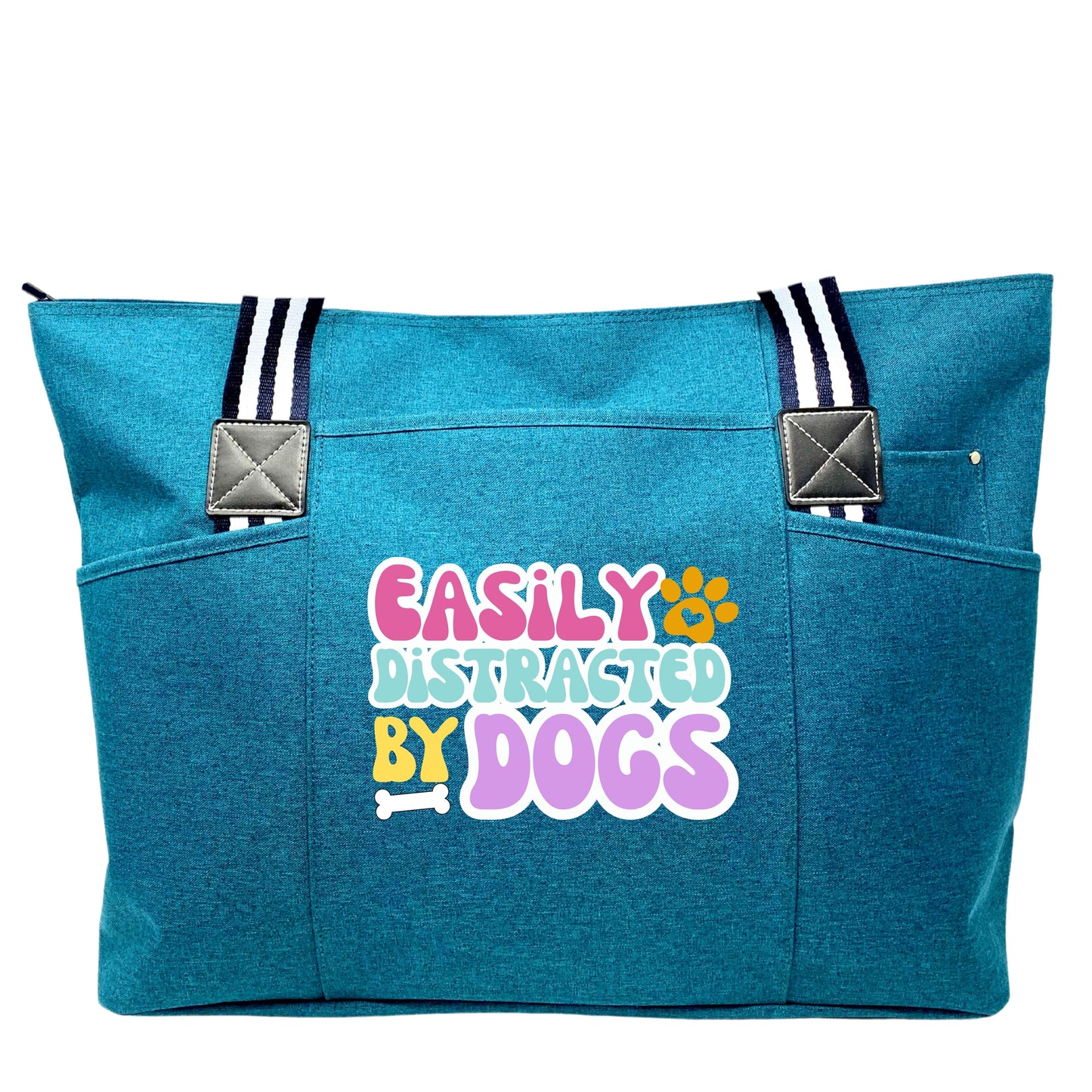 Easily Distracted by Dogs Teal Tessa Tote Bag Gift with Pockets and Zippers