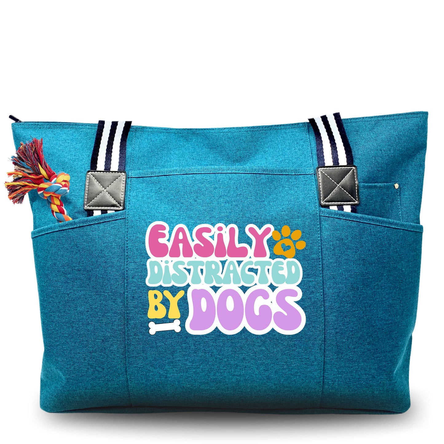 Easily Distracted by Dogs Teal Tessa Tote Bag Gift with Pockets and Zippers