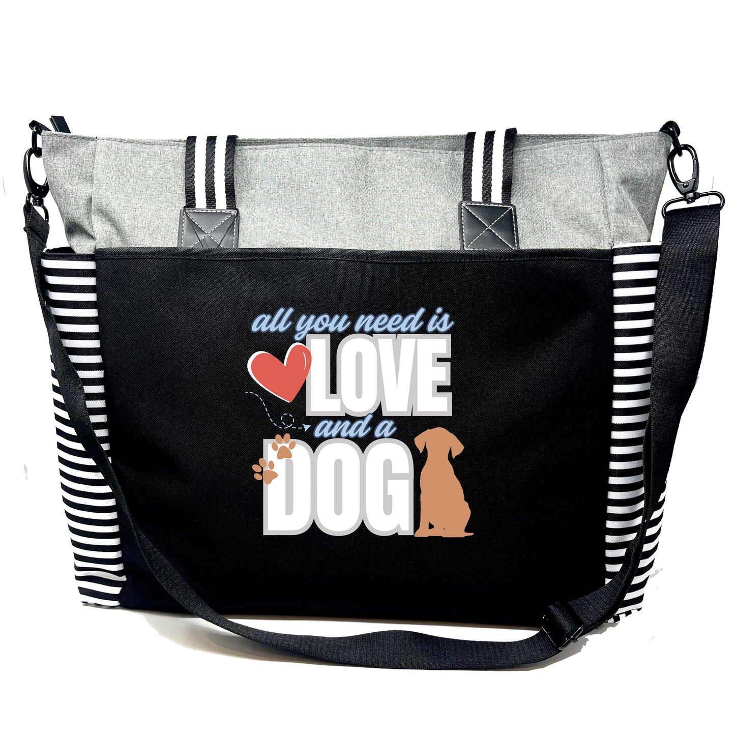 All You Need is Love and a Dog Gray LouLou Tote Bag with 15 Pockets
