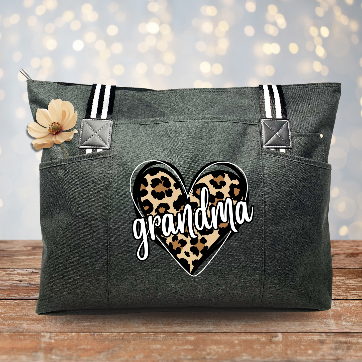 Cheetah Heart Grandma Black Tessa Tote Bag With Pockets and Zippers