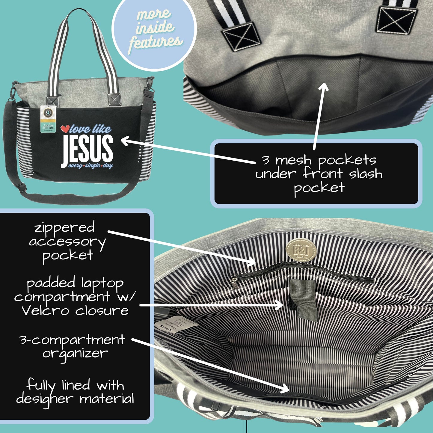 Love Like Jesus Gray LouLou Tote Bag with 15 Pockets