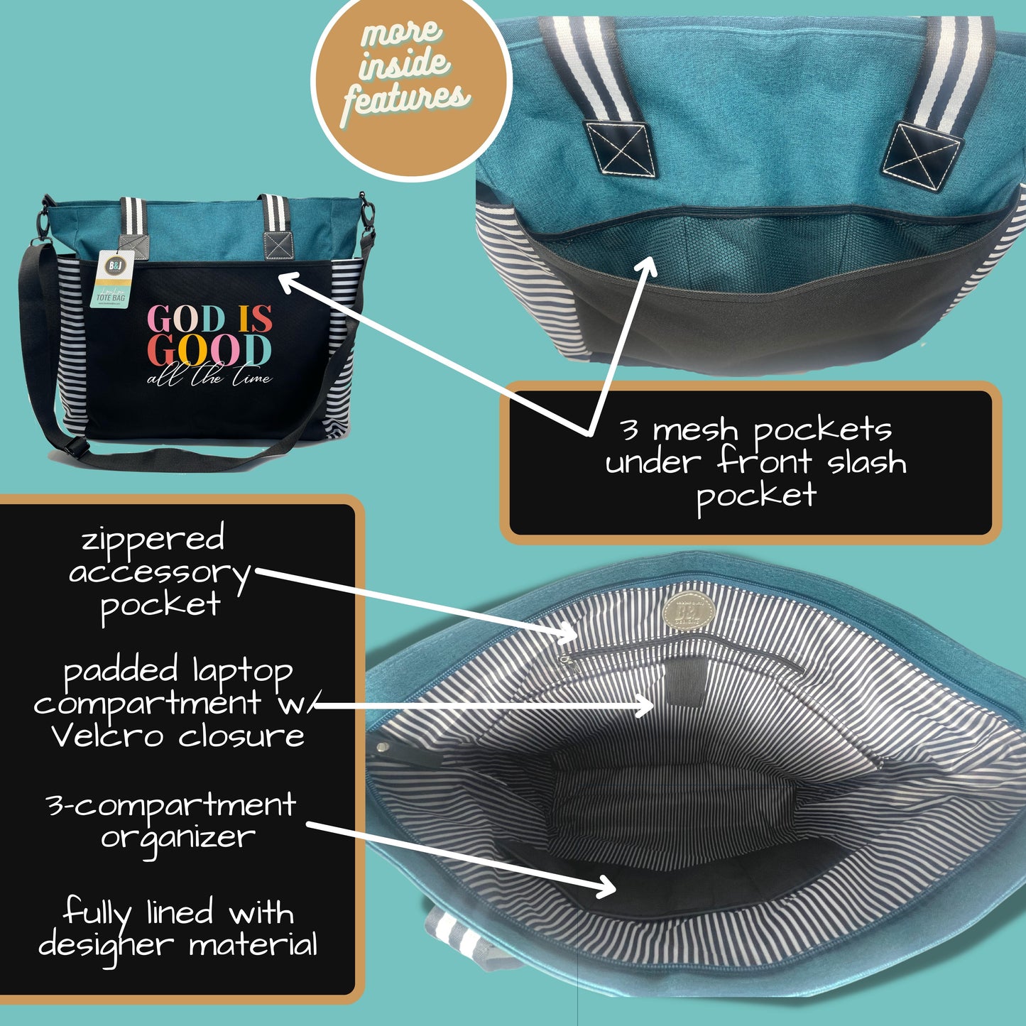 God is Good All the Time Teal LouLou Tote Bag with 15 Pockets