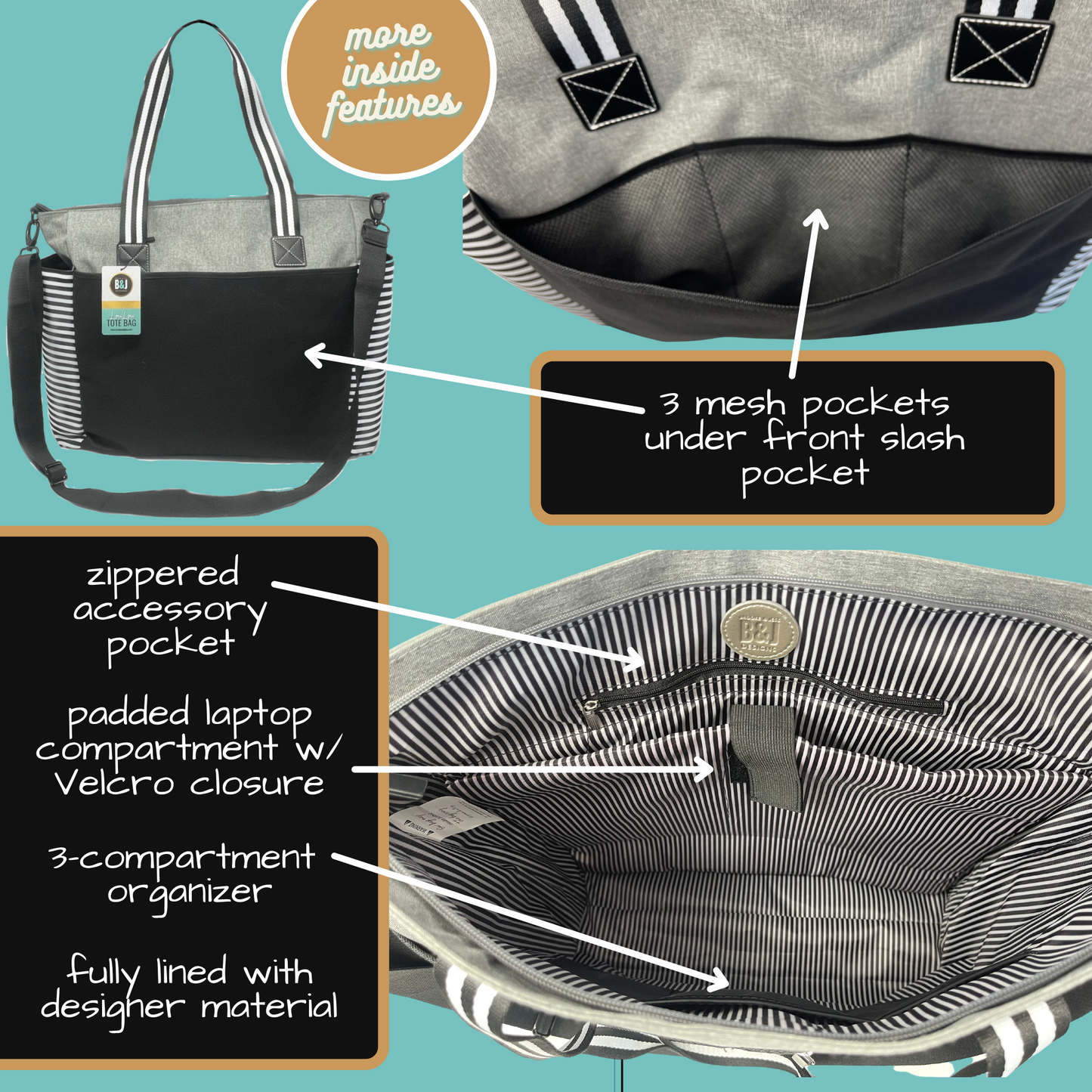 Custom-Designed & Personalized GRAY LouLou Tote Bag with Multiple Zippers and Compartments (Copy)