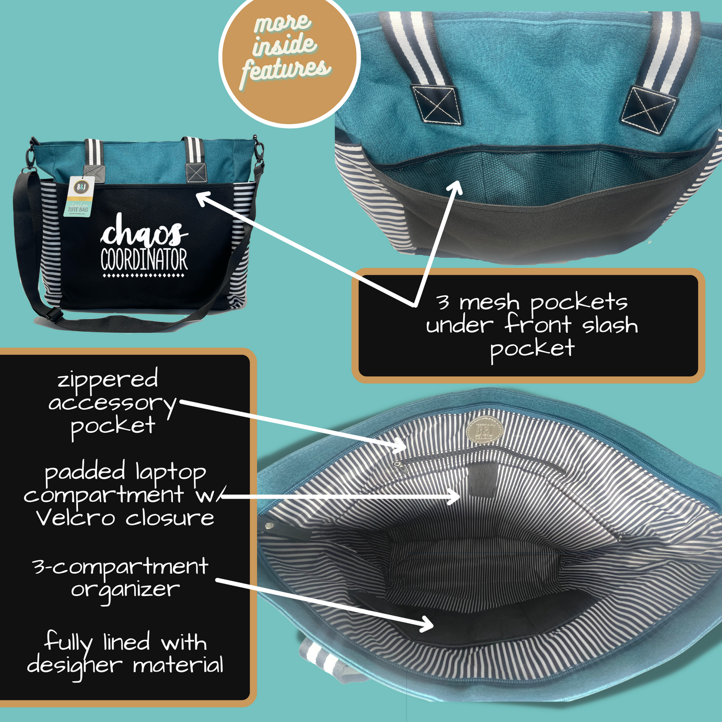 Custom-Designed & Personalized TEAL LouLou Tote Bag with Multiple Zippers and Compartments