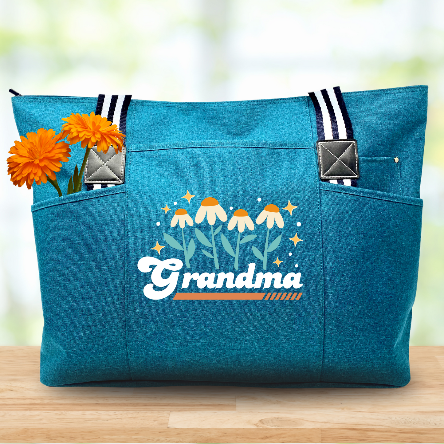 Retro Flowers Grandma Teal Tessa Tote Bag with Pockets and Zippers