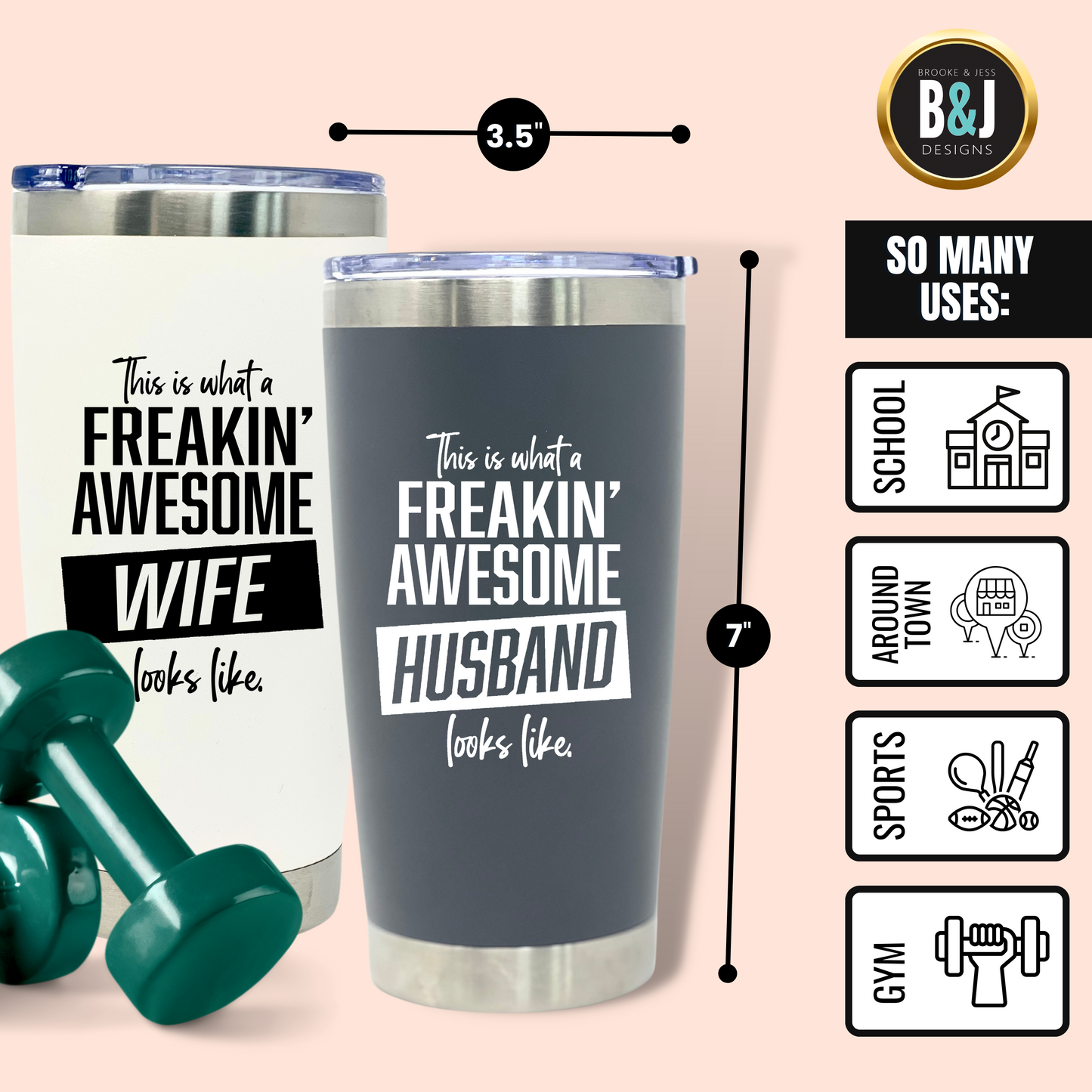 Funny Gift for Husband and Wife - Awesome Wife Cup Husband Tumbler Coffee Mug - Great Travel Cup Gifts for Husbands and Wives, Birthday Presents for Her, Him (Husband and Wife 20 oz Tumbler Gift Set)