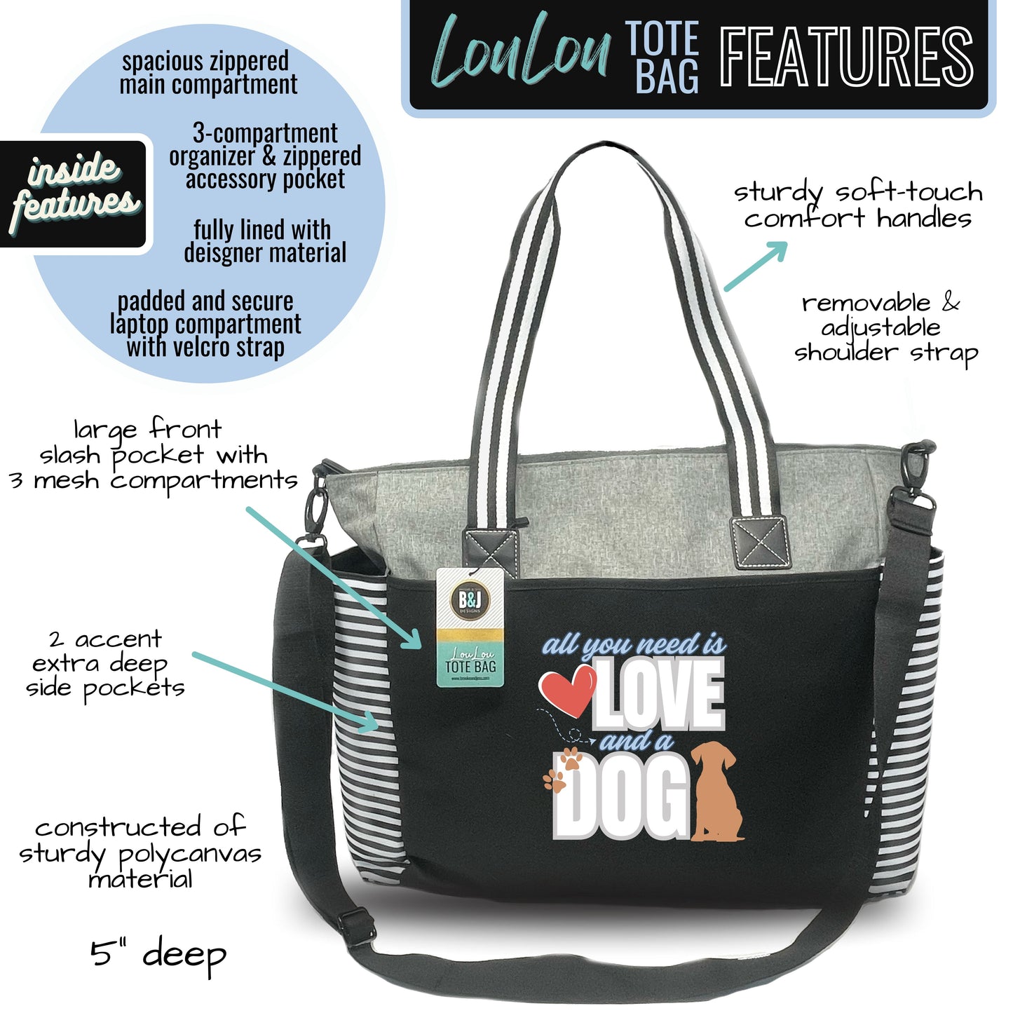All You Need is Love and a Dog Gray LouLou Tote Bag with 15 Pockets