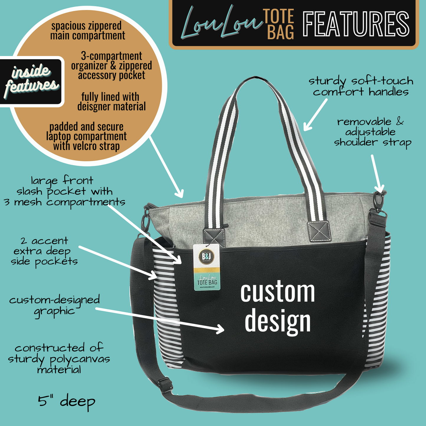 Custom-Designed & Personalized GRAY LouLou Tote Bag with Multiple Zippers and Compartments (Copy)