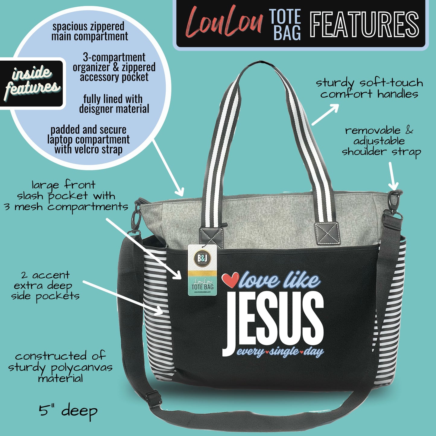 Love Like Jesus Gray LouLou Tote Bag with 15 Pockets