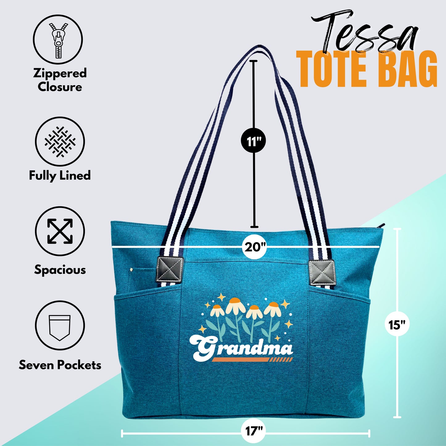 Retro Flowers Grandma Teal Tessa Tote Bag with Pockets and Zippers