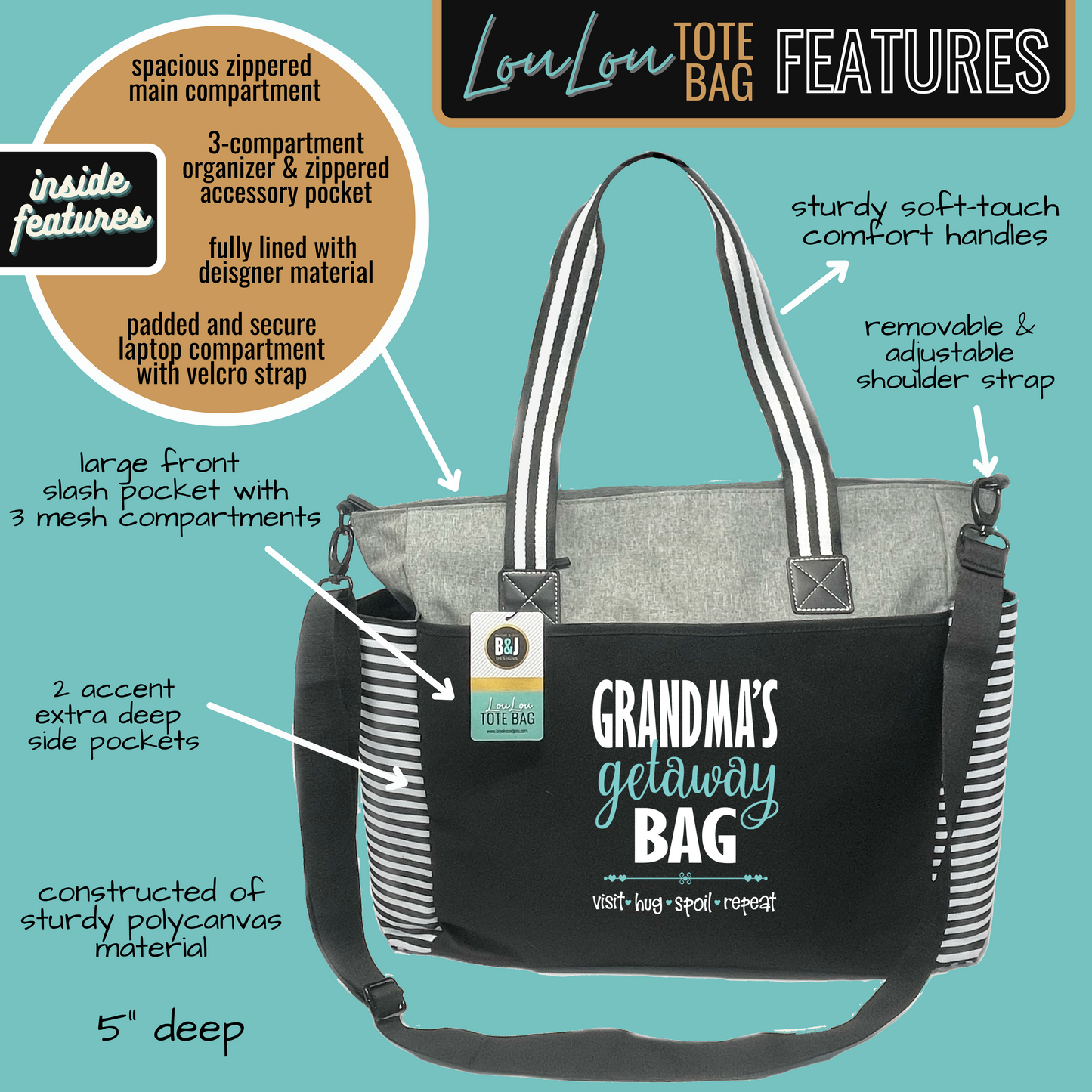 Grandma Getaway LouLou Gray Tote Bag for Grandmothers