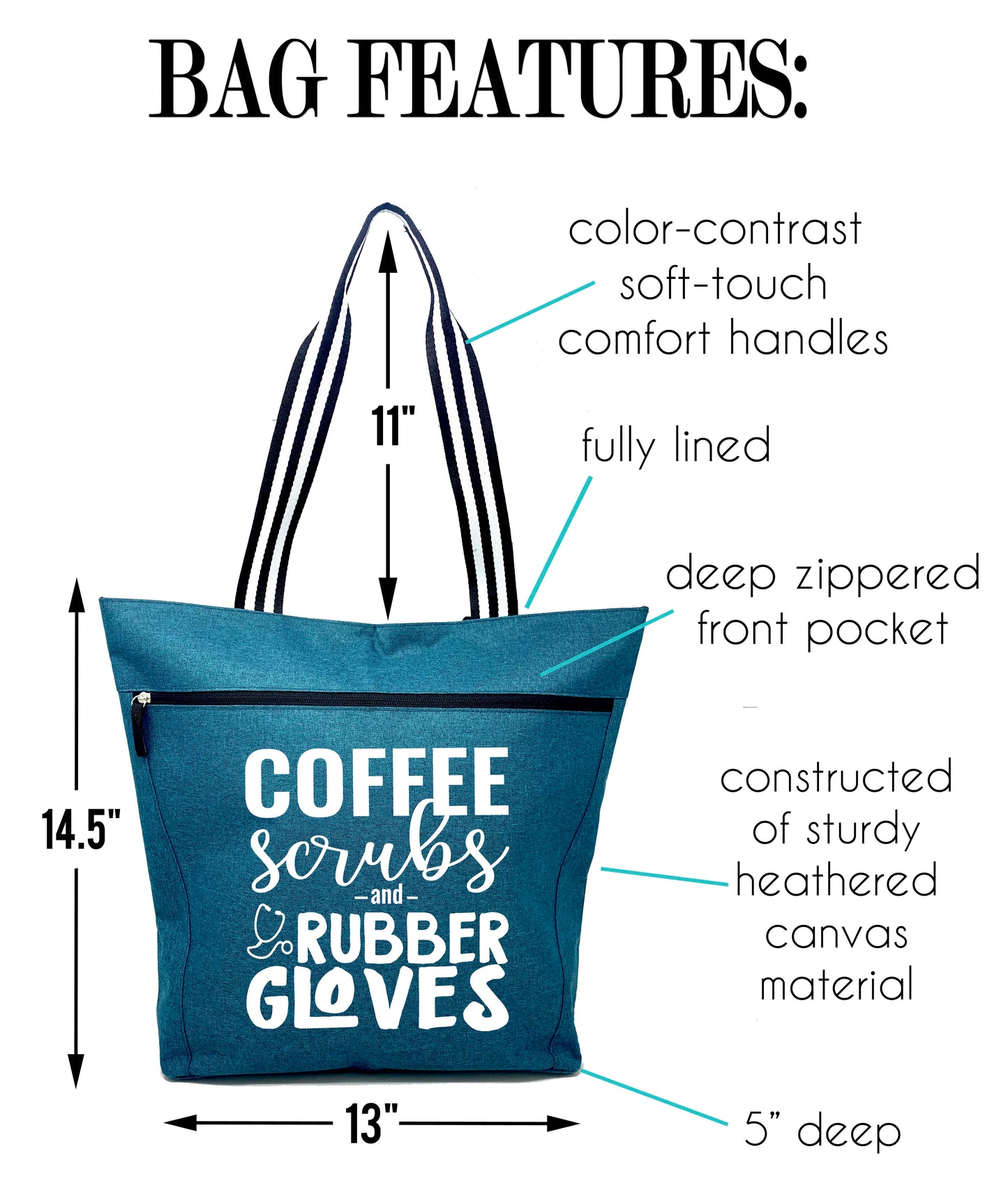 Coffee Scrubs And Rubber Gloves Lexie Teal Tote Bag for Medical Workers - Outlet Deal Utah