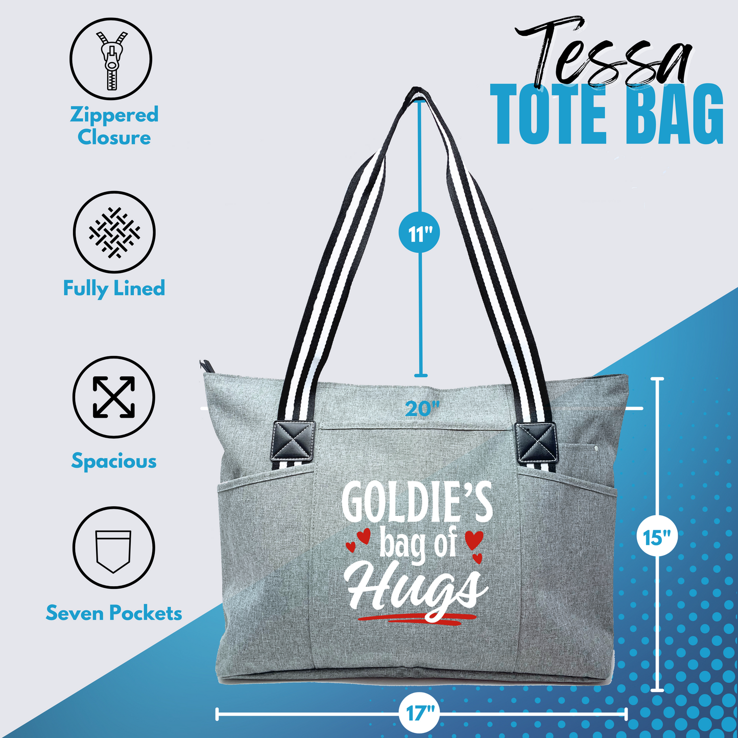 Custom-Designed & Personalized GRAY Tessa Tote Bag with Multiple Zippers and Compartments (Copy) (Copy) (Copy)