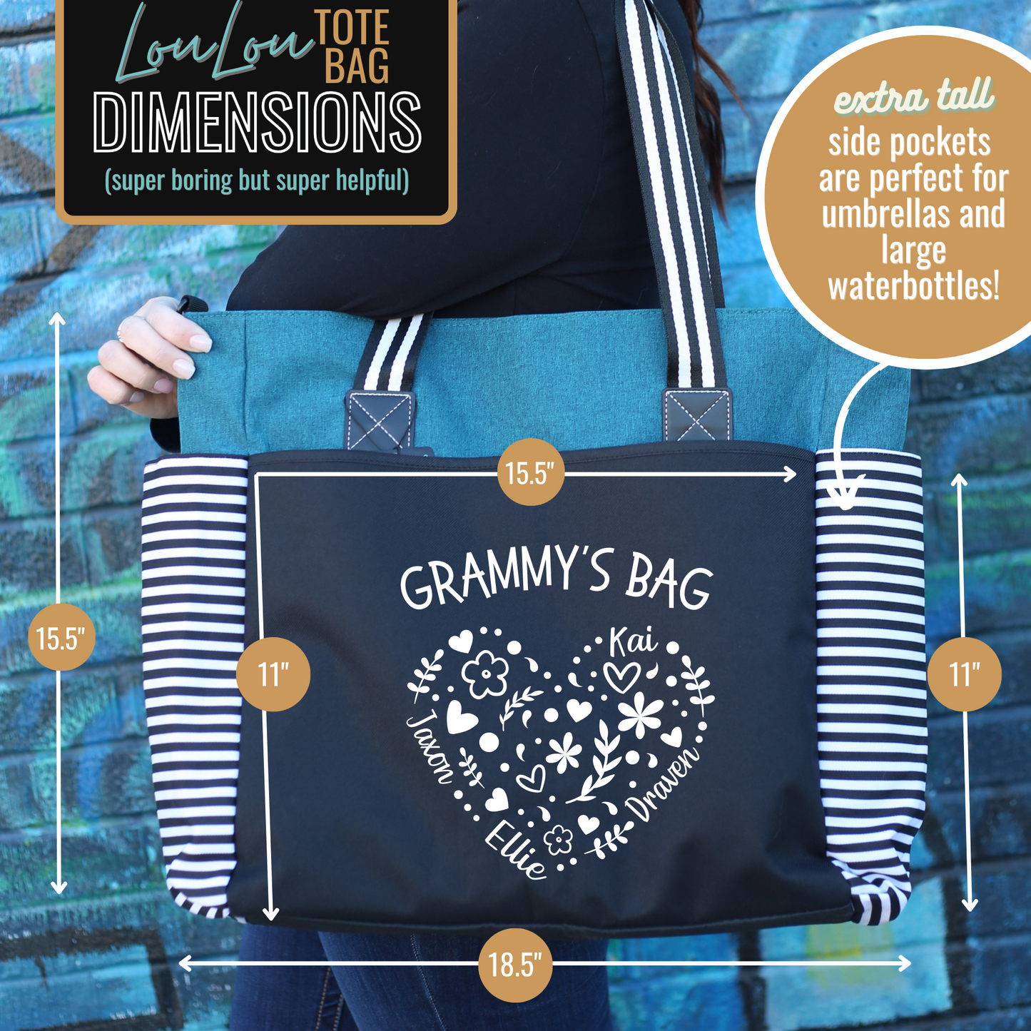 Custom-Designed & Personalized TEAL LouLou Tote Bag with Multiple Zippers and Compartments