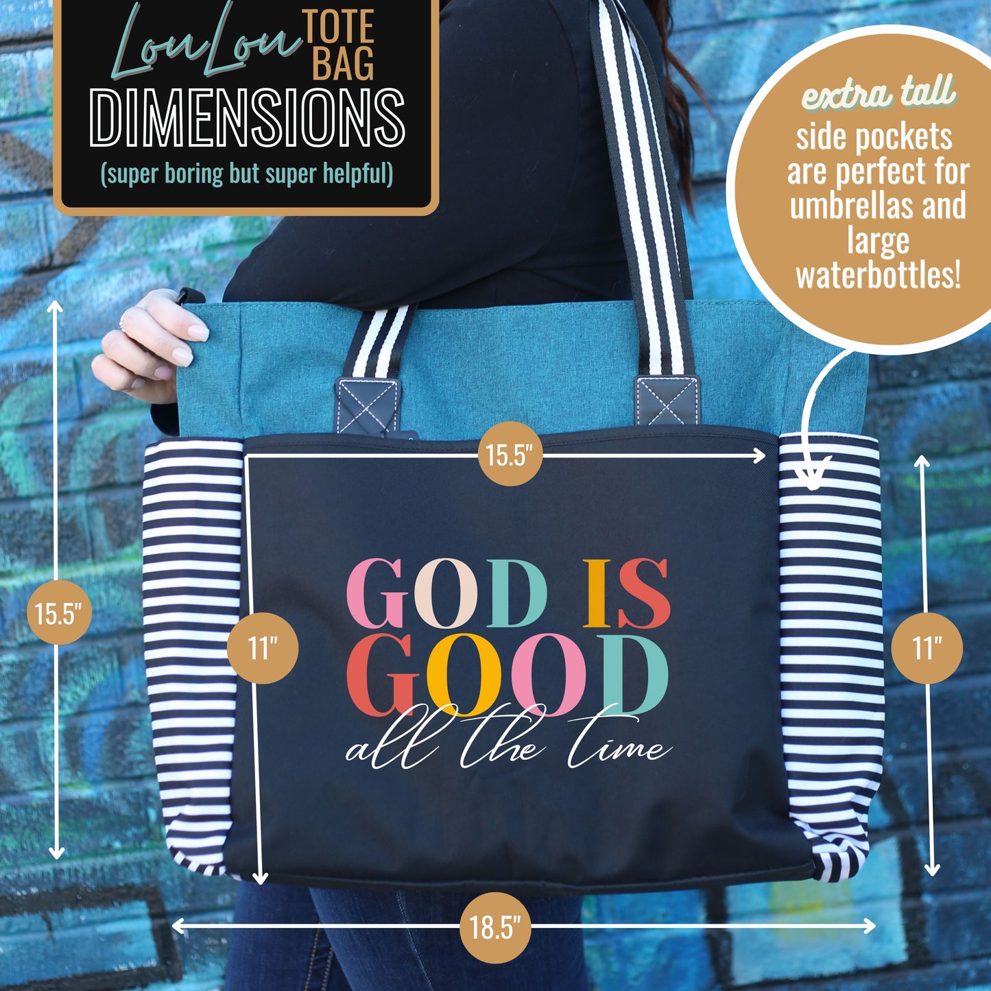 God is Good All the Time Teal LouLou Tote Bag with 15 Pockets