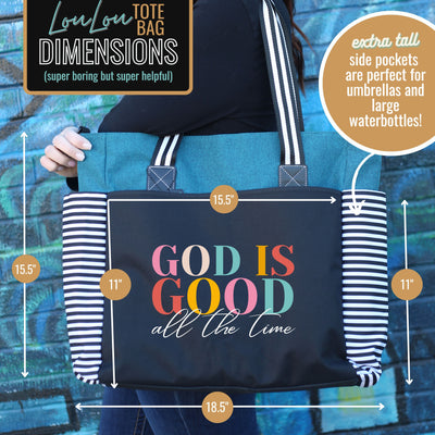 God is Good All the Time Teal LouLou Tote Bag with 15 Pockets