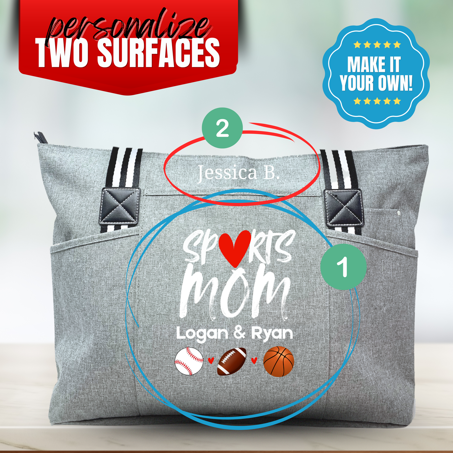 Custom-Designed & Personalized GRAY Tessa Tote Bag with Multiple Zippers and Compartments (Copy) (Copy) (Copy)