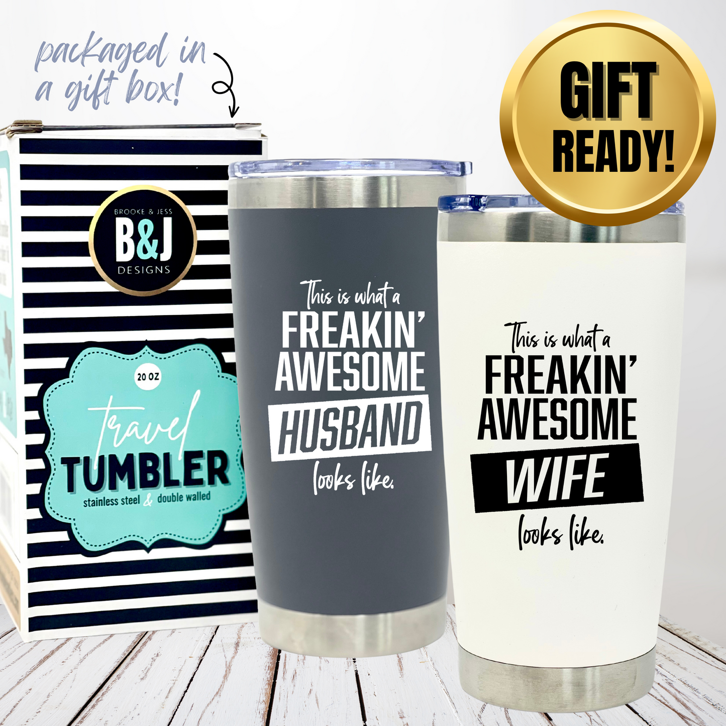 Funny Gift for Husband and Wife - Awesome Wife Cup Husband Tumbler Coffee Mug - Great Travel Cup Gifts for Husbands and Wives, Birthday Presents for Her, Him (Husband and Wife 20 oz Tumbler Gift Set)