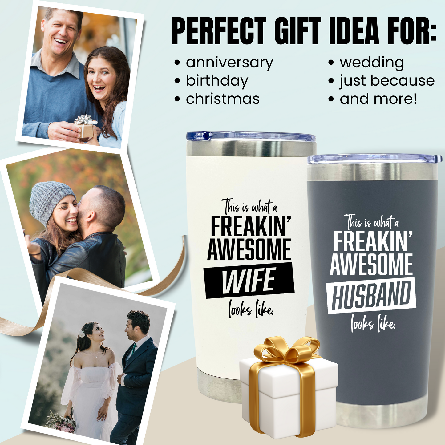 Funny Gift for Husband and Wife - Awesome Wife Cup Husband Tumbler Coffee Mug - Great Travel Cup Gifts for Husbands and Wives, Birthday Presents for Her, Him (Husband and Wife 20 oz Tumbler Gift Set)