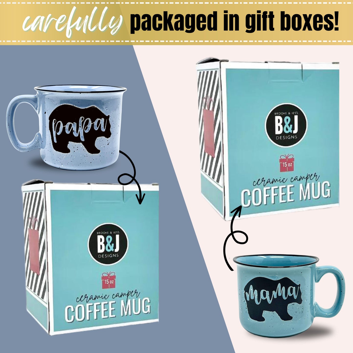 Mama Bear Coffee Mug for Mom, Mother, Wife - Cute Coffee Cups for Women - Unique Fun Gifts for Her, Mother's Day, Christmas (Mama Bear Teal and Papa Bear Light Blue Gift Set)