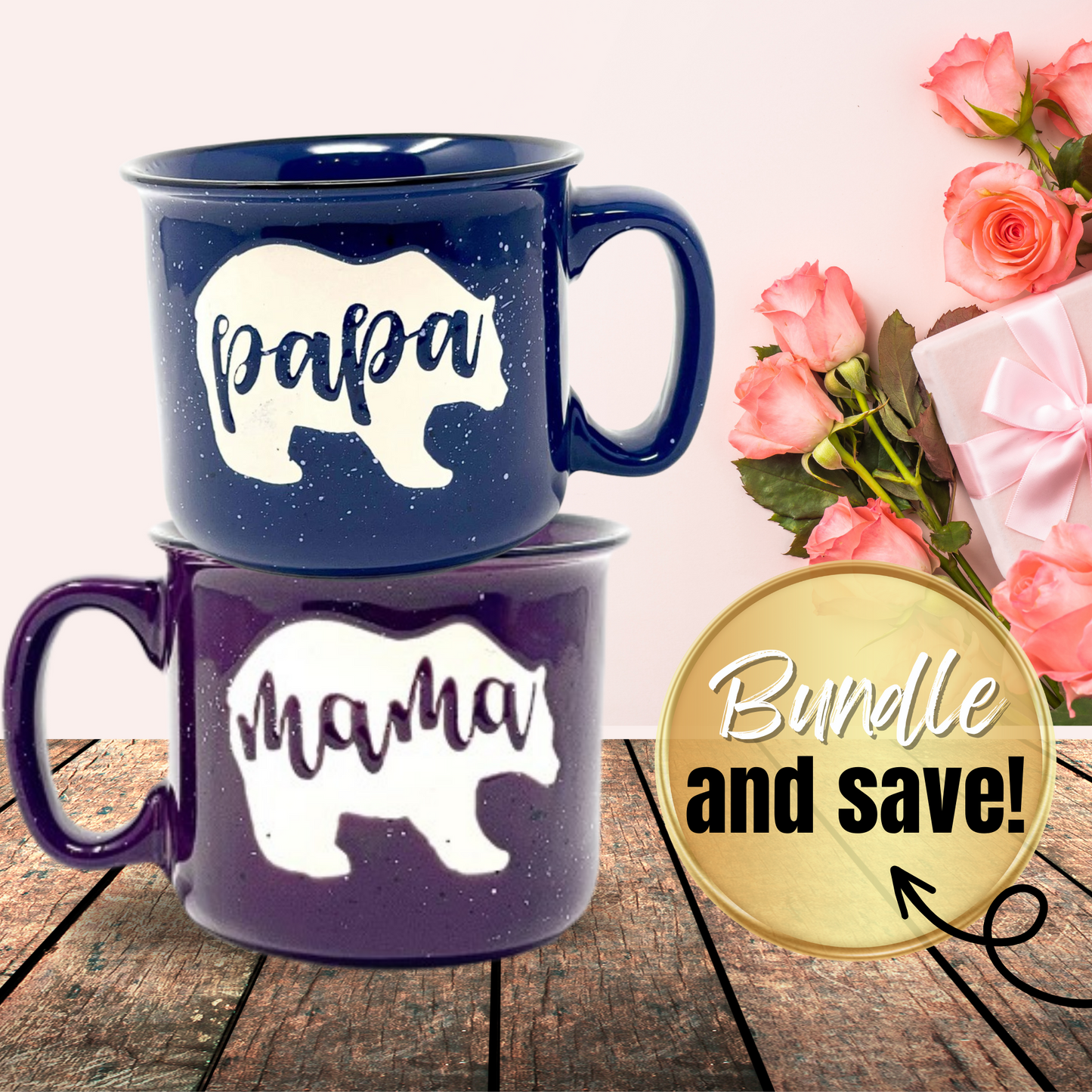 Mama Bear & Papa Bear Coffee Mug - Cute Coffee Cups for Men and Women - Unique Fun Gifts for Him, Her, Mother's Day, Father's Day, Christmas (Mama Bear Coral & Papa Bear Light Blue Gift Set)