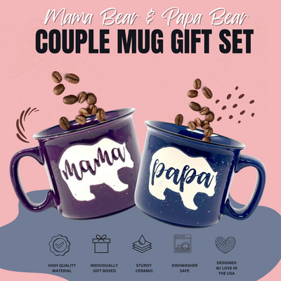 Mama Bear & Papa Bear Coffee Mug - Cute Coffee Cups for Men and Women - Unique Fun Gifts for Him, Her, Mother's Day, Father's Day, Christmas (Mama Bear Coral & Papa Bear Light Blue Gift Set)