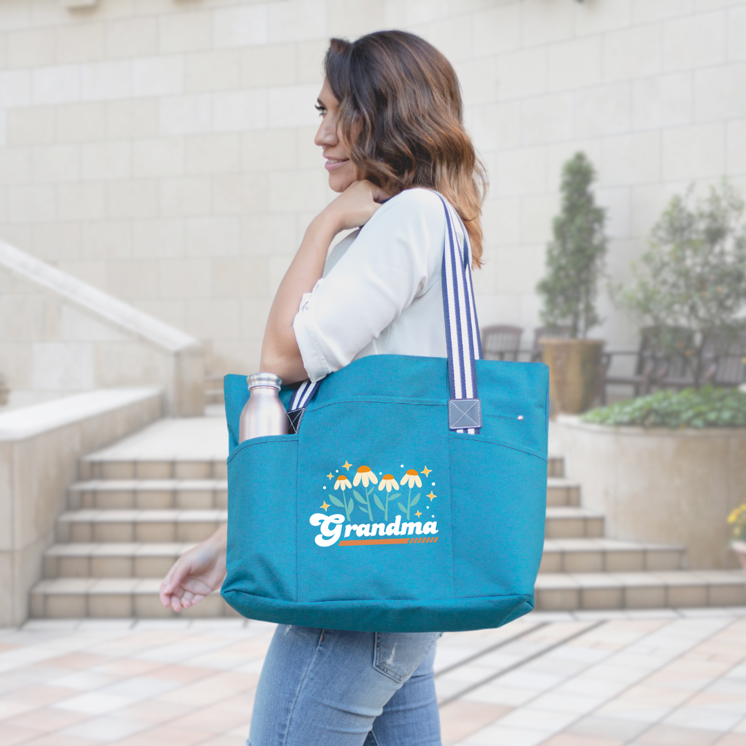 Retro Flowers Grandma Teal Tessa Tote Bag with Pockets and Zippers