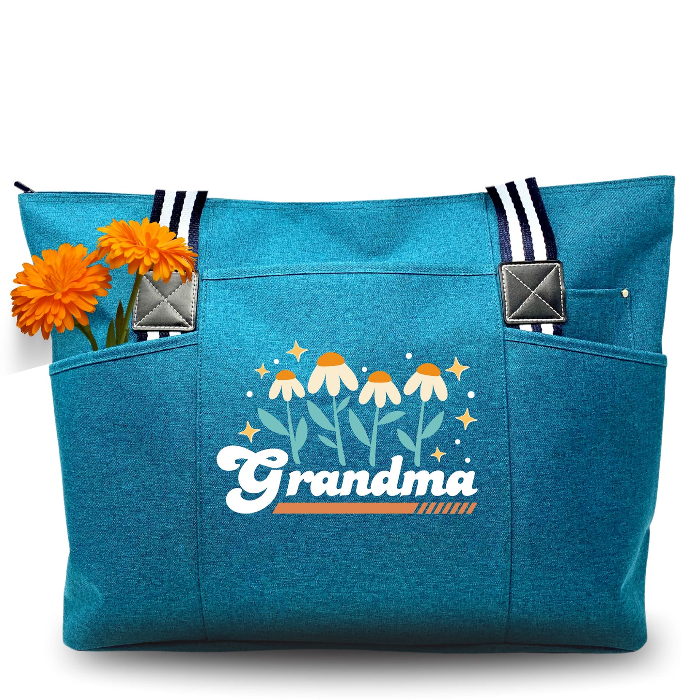 Retro Flowers Grandma Teal Tessa Tote Bag with Pockets and Zippers