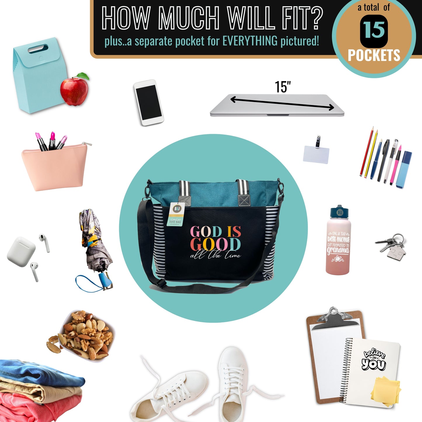 God is Good All the Time Teal LouLou Tote Bag with 15 Pockets