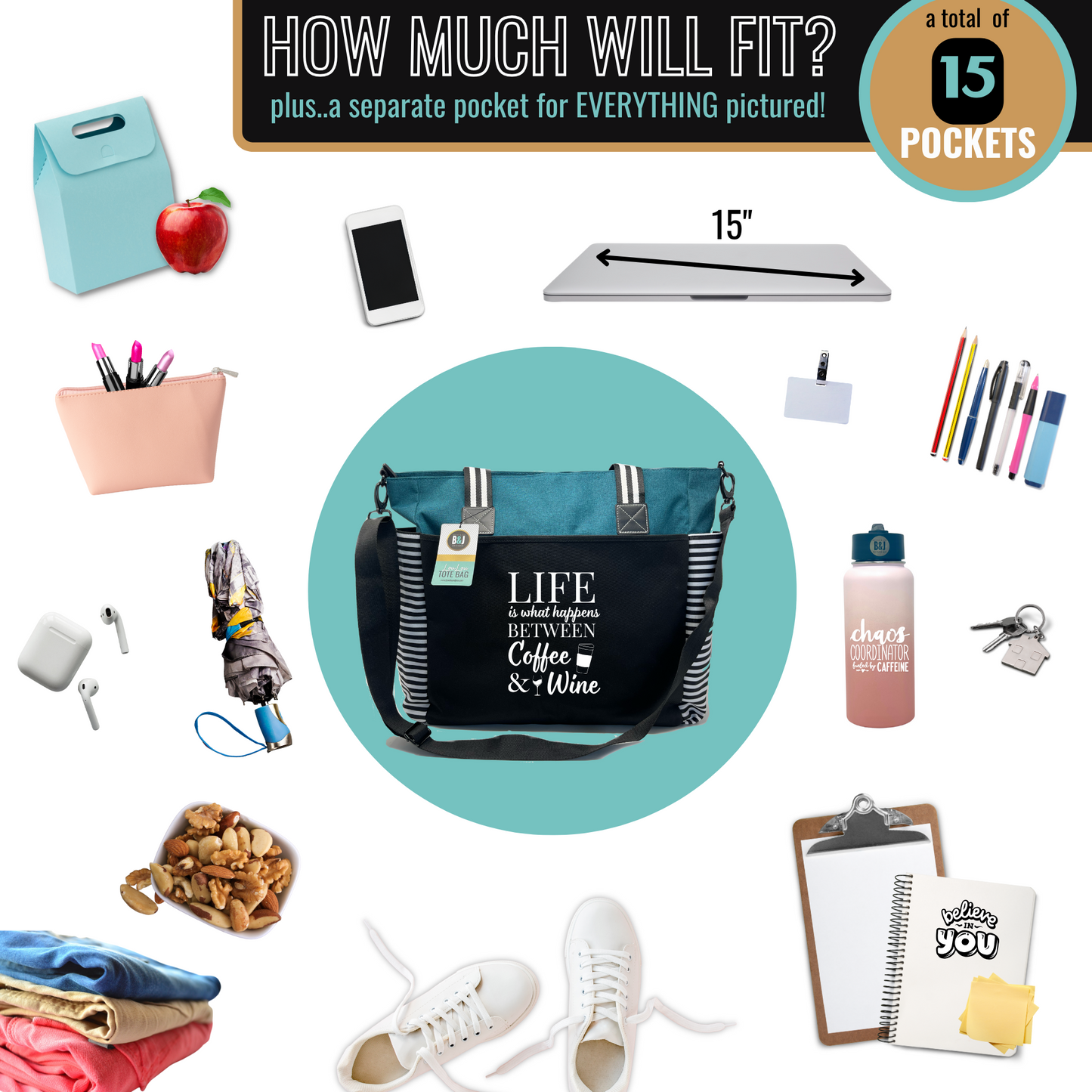 Custom-Designed & Personalized TEAL LouLou Tote Bag with Multiple Zippers and Compartments