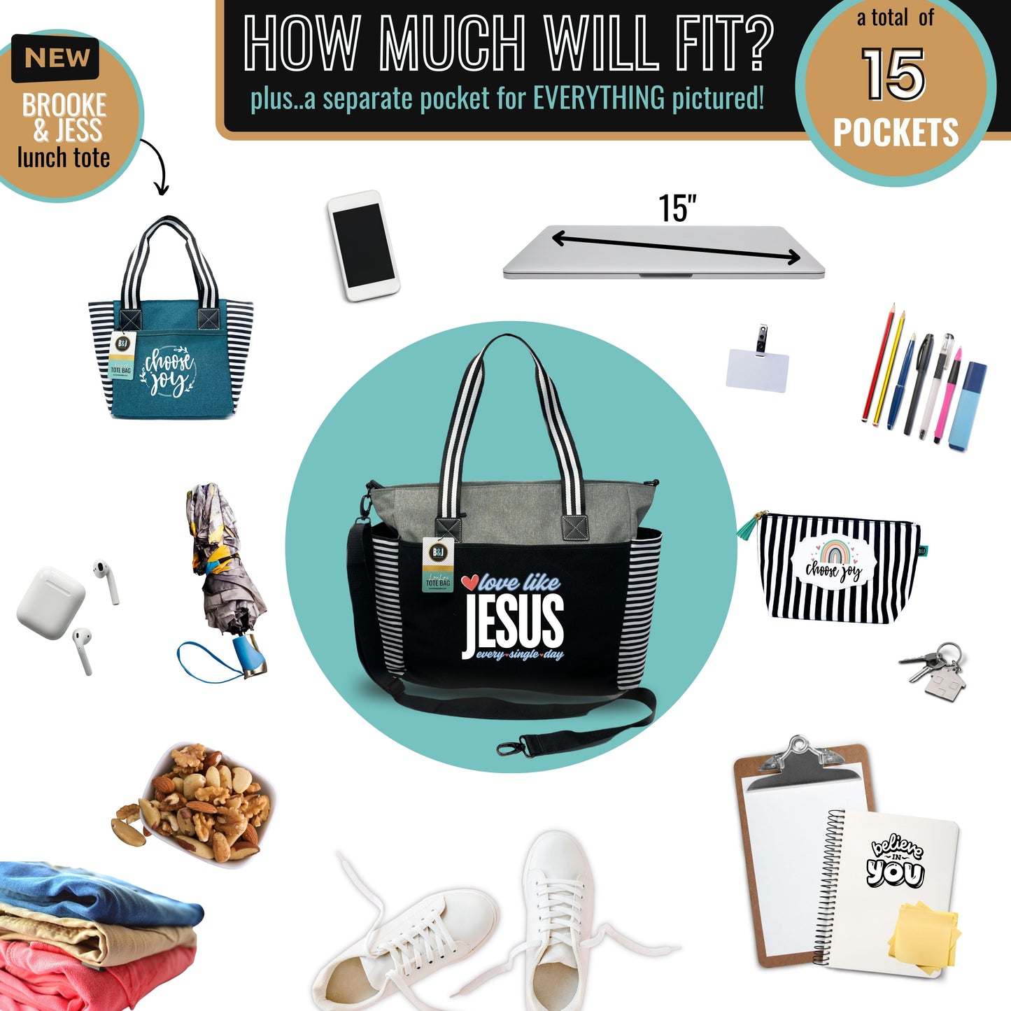 Love Like Jesus Gray LouLou Tote Bag with 15 Pockets