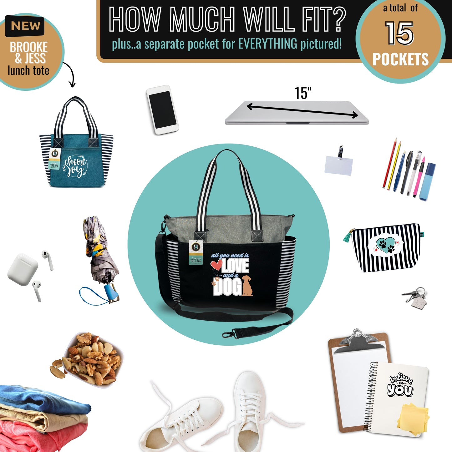 All You Need is Love and a Dog Gray LouLou Tote Bag with 15 Pockets