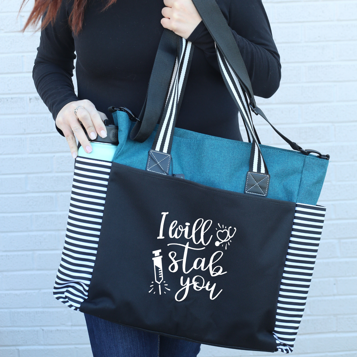 I Will Stab You LouLou Teal Tote Bag for Medical Workers