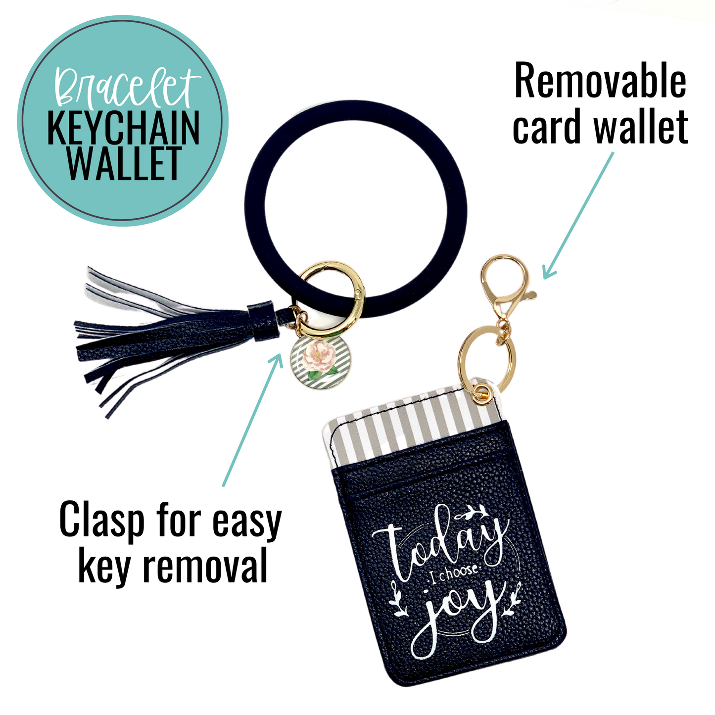 Today I Choose Joy Navy Blue Silicone Bracelet Keychain Wallet
