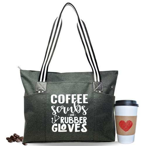 Coffee Scrubs and Rubber Gloves Tessa Black Tote Bag for Medical Workers