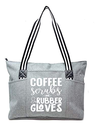 Coffee Scrubs and Rubber Gloves Tessa Gray Tote Bag for Medical Workers