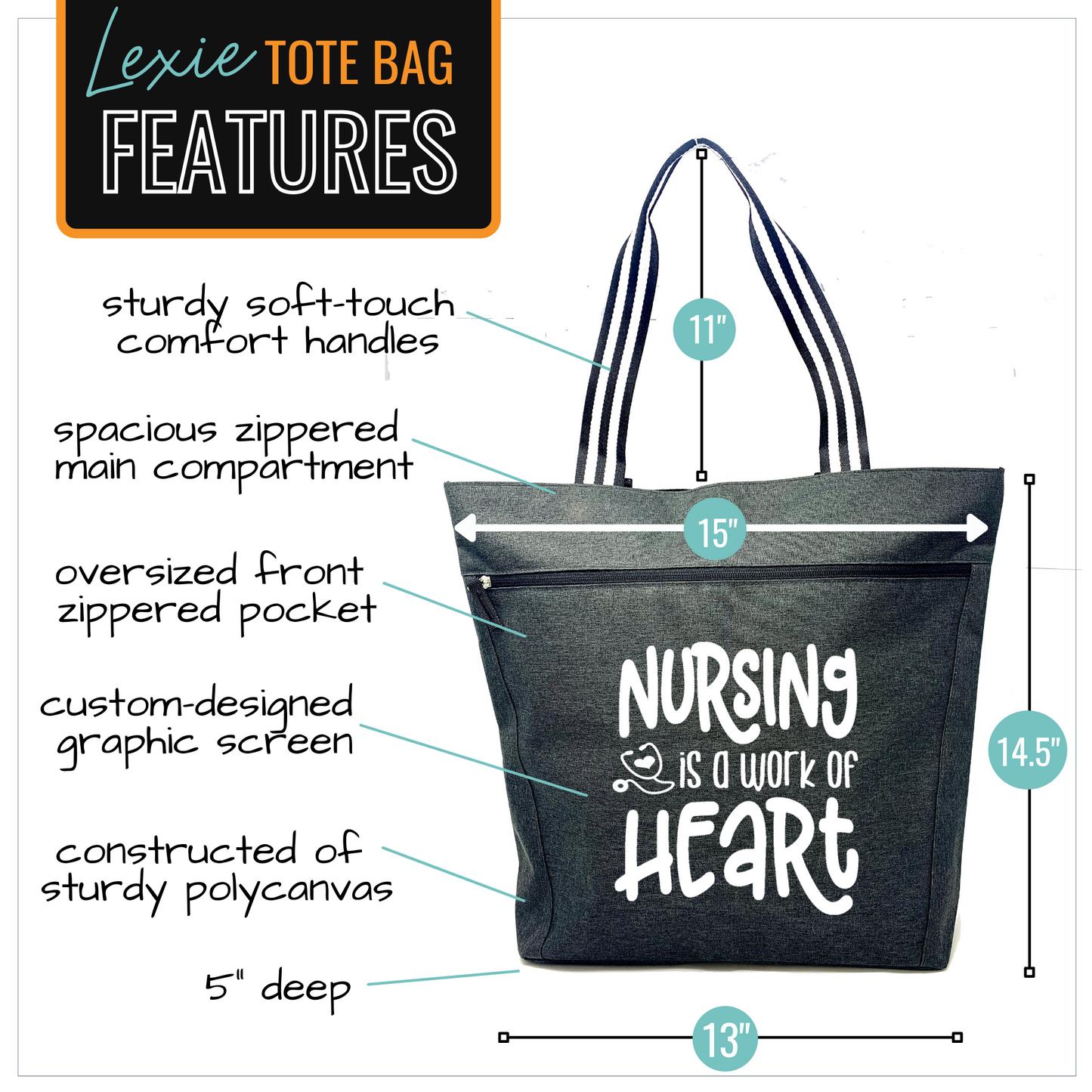 Nursing is a Work of Heart Black Lexie Tote Bag for Medical Workers